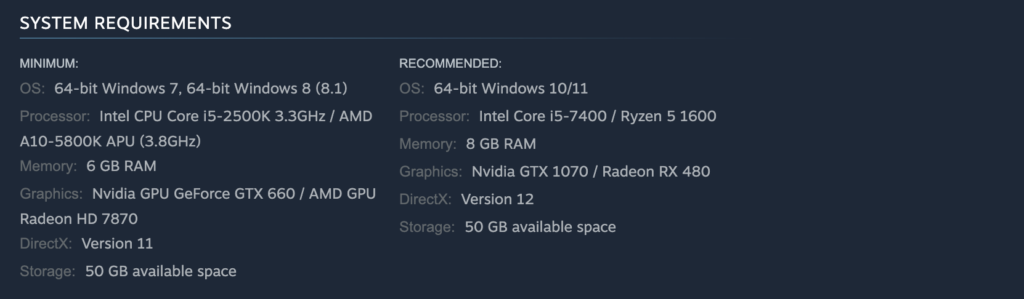 Steam game system requirements
