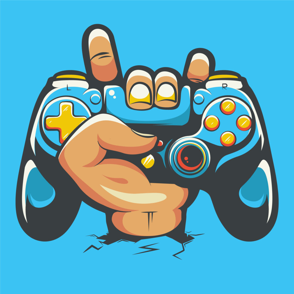 Hand Rock holding Playstation stick controller cartoon 