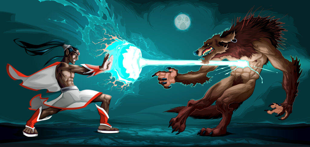 Fighting scene between elf and werewolf